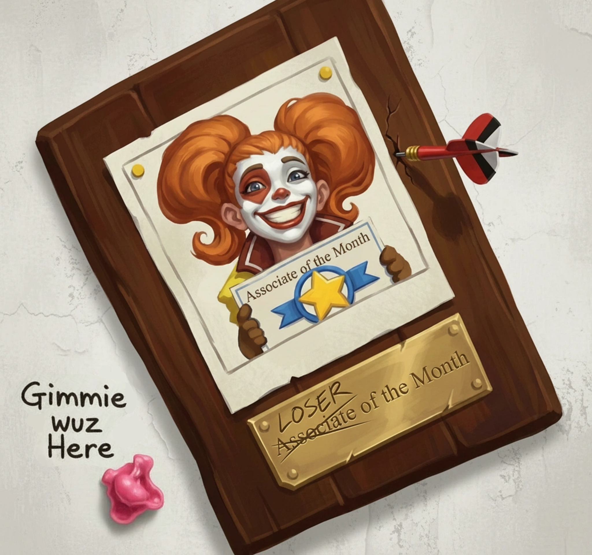 Official Associate of the Month artwork showing a defaced employee award