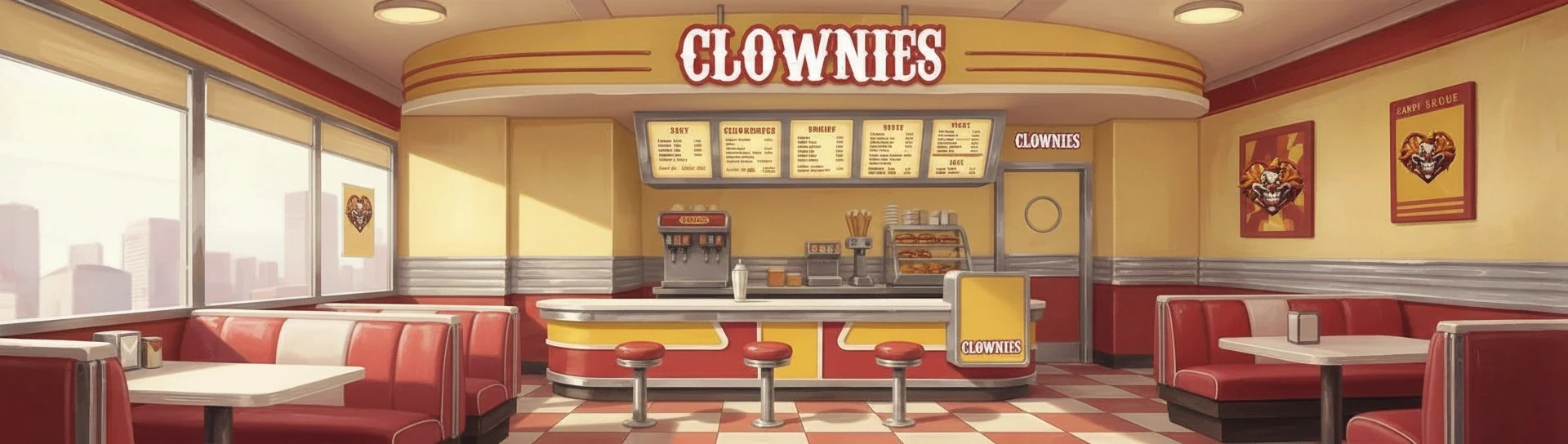 Official Clownies diner artwork, with red booths and a yellow counter