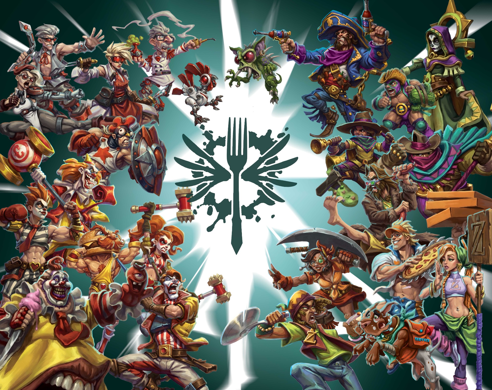 Official Hangry Games characters surrounding the central cutlery emblem