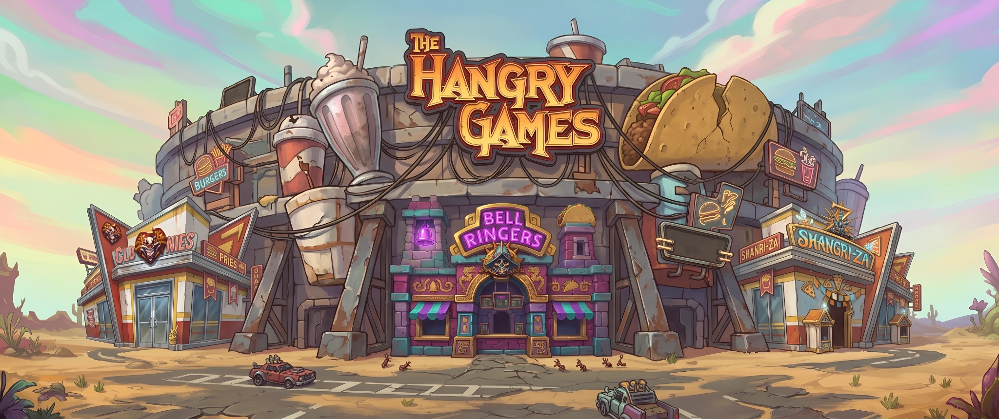 The Hangry Games arena surrounded by franchise restaurants in the Route 66 desert