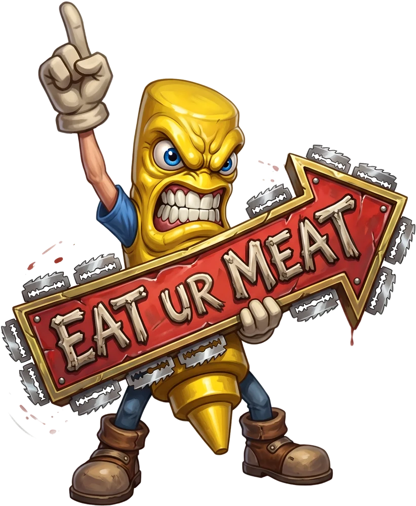 Must’Turd, the mustard bottle monster carrying an Eat Ur Meat sign